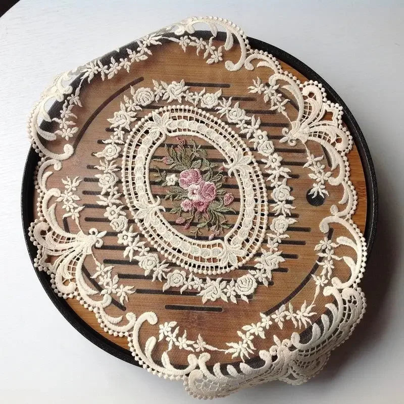 European Oval Lace Embroidered Table Runner | Vintage Ivory Floral Lace Mat | Cottagecore Dresser Scarf | Regencycore Table Decor | Antique Style Lace Doily Runner
