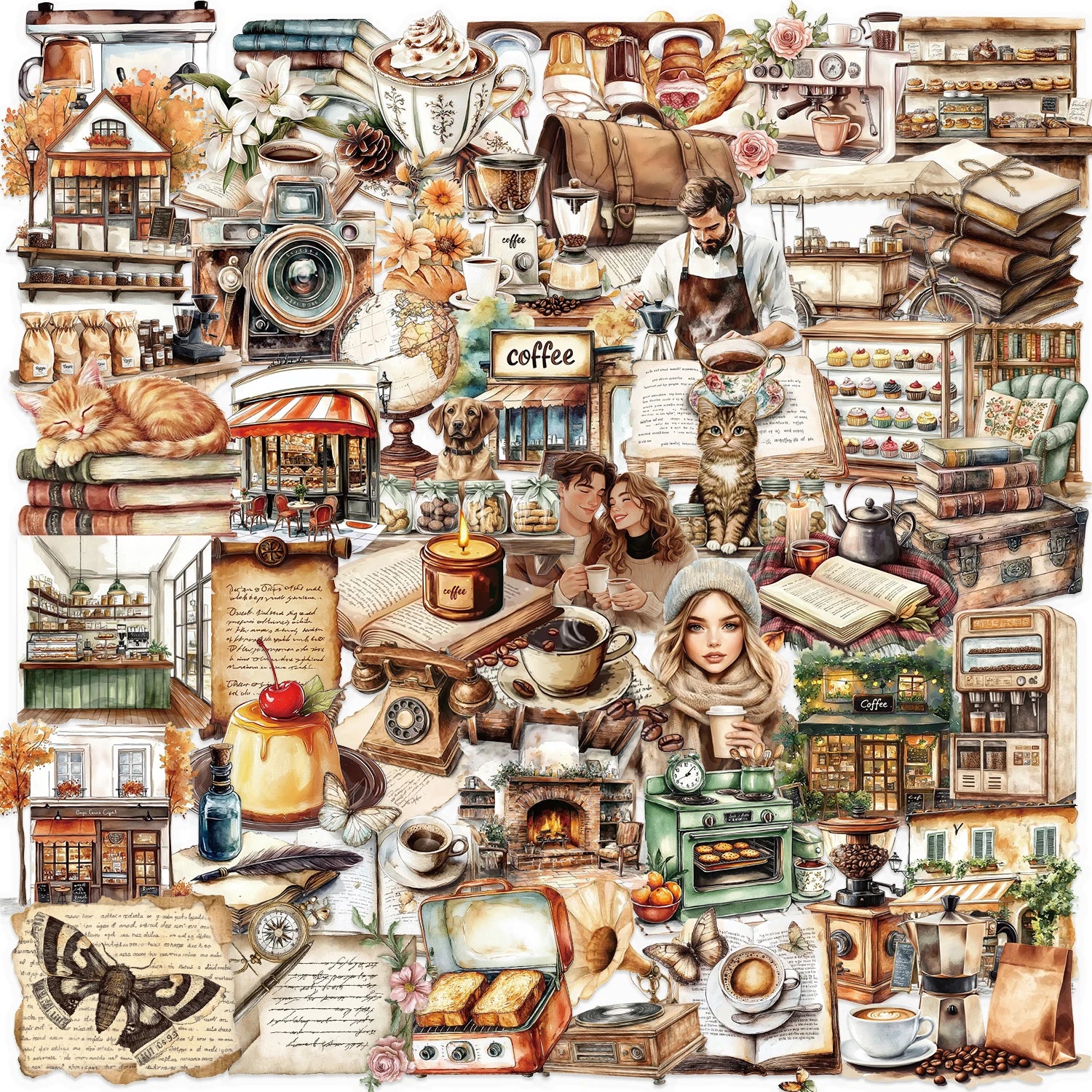 50Pcs Retro Cafe Cartoon Graffiti Stickers Skateboard Water Bottle Notebook Mobile Phone Toy Decal Sticker PET Decoration