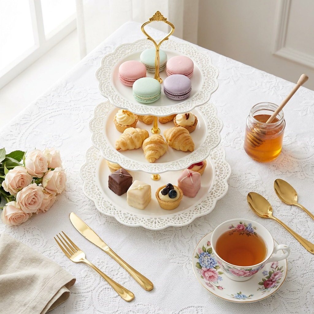 3-tier lace-edge cake stand with macarons, croissants and petit fours, elegant afternoon tea flat lay