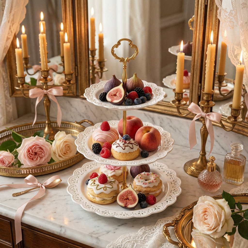 3-tier lace-edge cake stand with fruits and pastries, Regencycore vanity flat lay with candles and roses