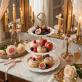 3-tier lace-edge cake stand with fruits and pastries, Regencycore vanity flat lay with candles and roses