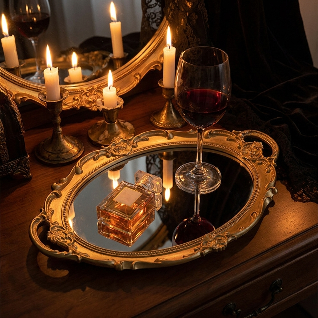 Gold vintage vanity mirror tray on a candlelit dressing table with wine and perfume, square crop