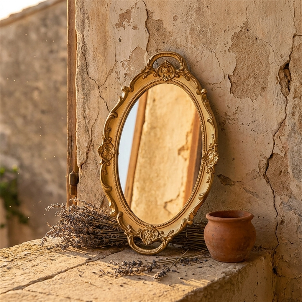 Gold vintage vanity mirror tray on a sunlit stone balcony ledge with dried lavender, square crop