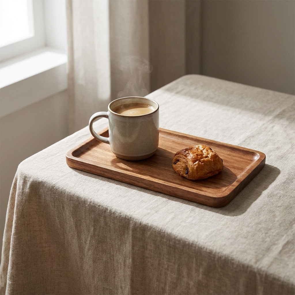 Japanese wooden serving tray with a steaming coffee mug and pastry on a linen tablecloth