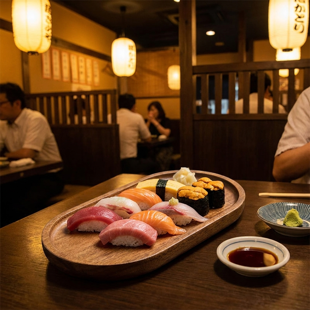 Japanese wooden serving tray with sushi nigiri in a warm izakaya restaurant setting