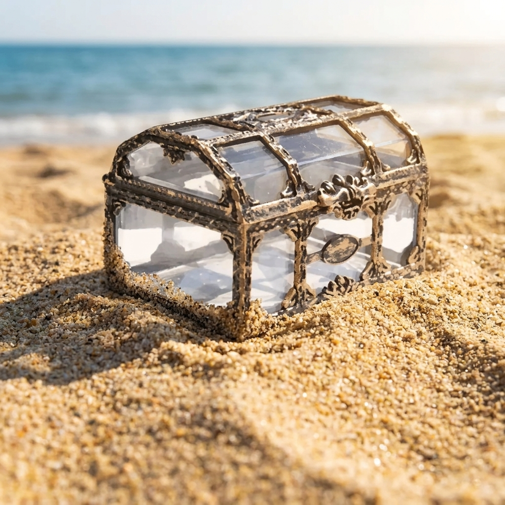 Antique gold glass treasure chest trinket box half-buried in sand on a sunny beach