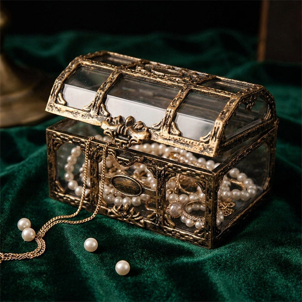 Antique gold glass treasure chest trinket box filled with pearls and jewelry on emerald velvet
