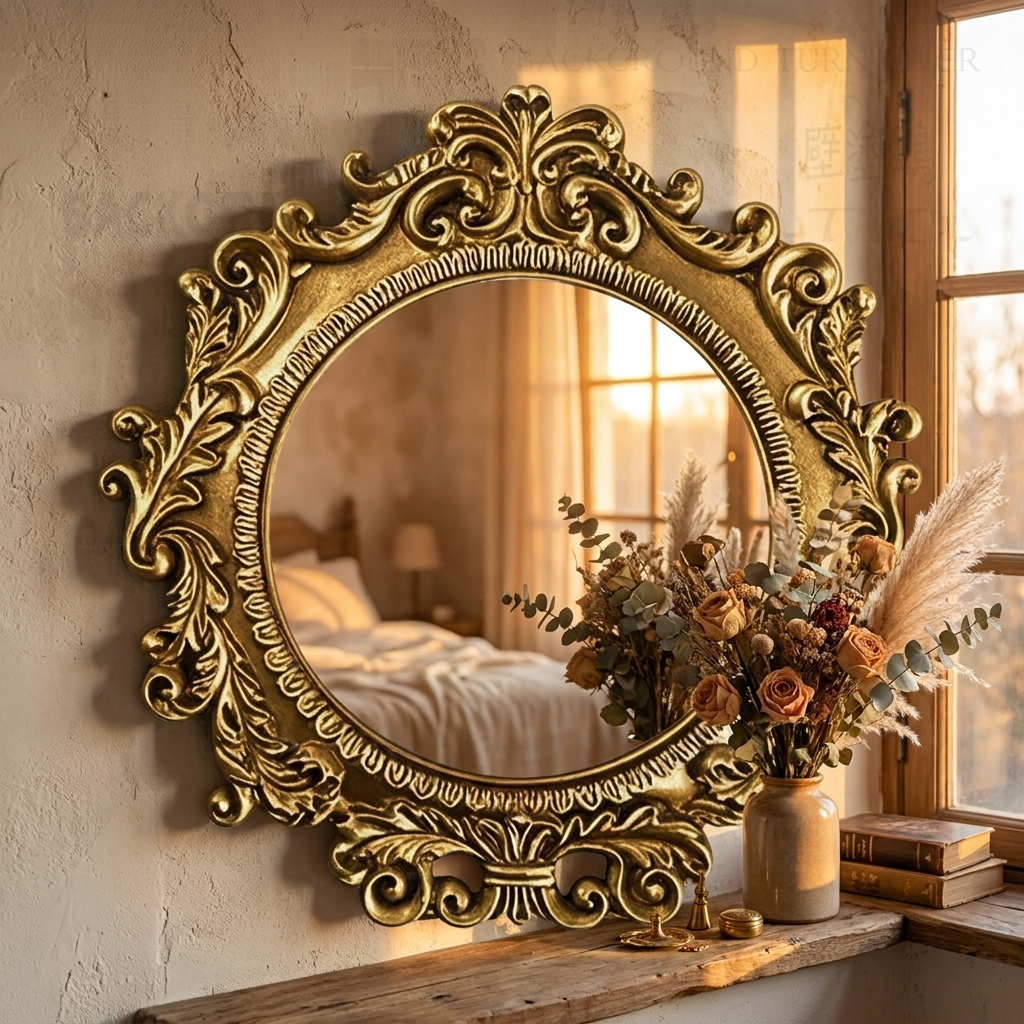 Gold baroque wall mirror close-up in golden hour light with dried florals on a rustic windowsill, bedroom reflection