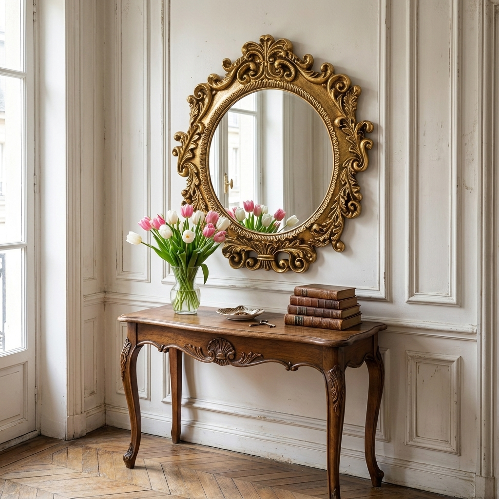Gold baroque wall mirror above a wooden console table with tulips and stacked books, white paneled entryway
