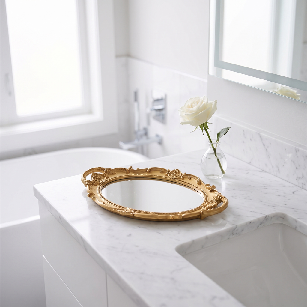 Gold vintage vanity mirror tray on a minimalist bathroom marble counter with a bud vase, square crop