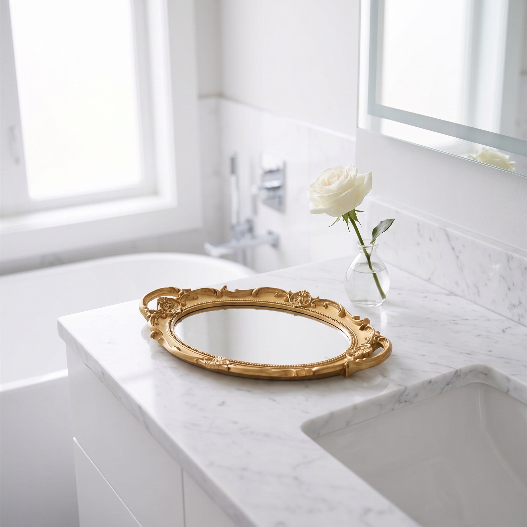 Gold vintage vanity mirror tray on a minimalist bathroom marble counter with a bud vase, square crop