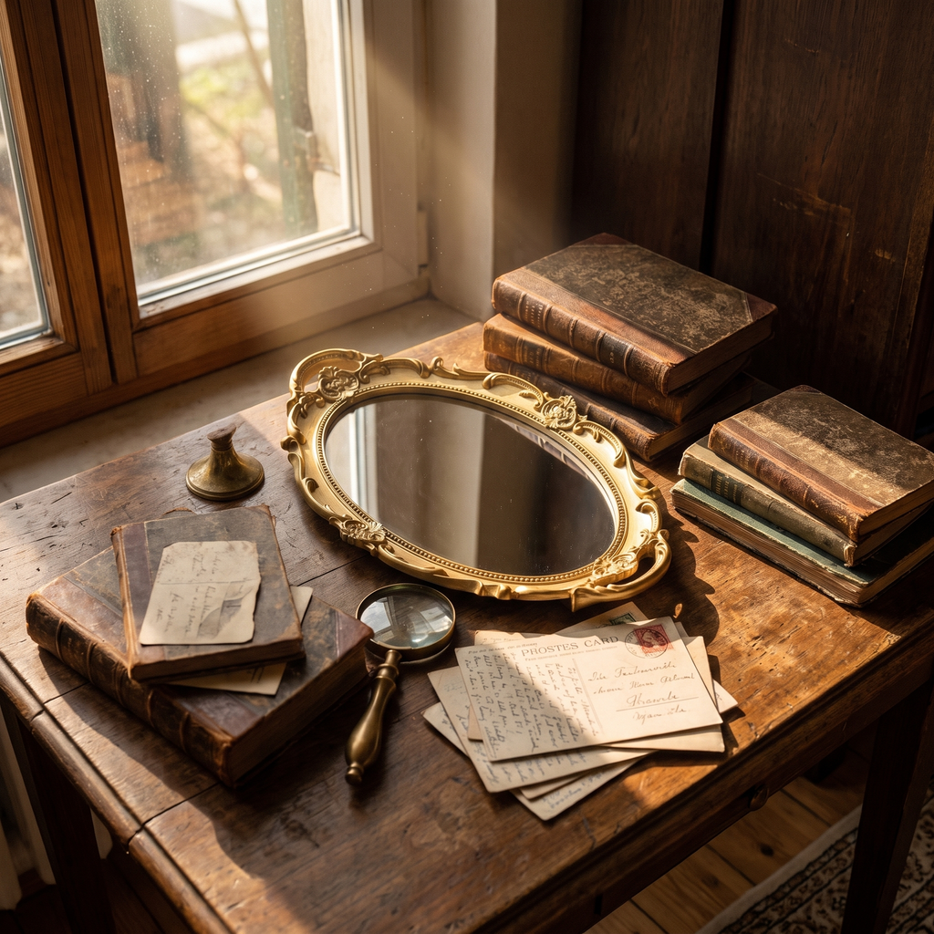 Gold vintage vanity mirror tray on an antique shop table with books and a brass magnifying glass, square crop