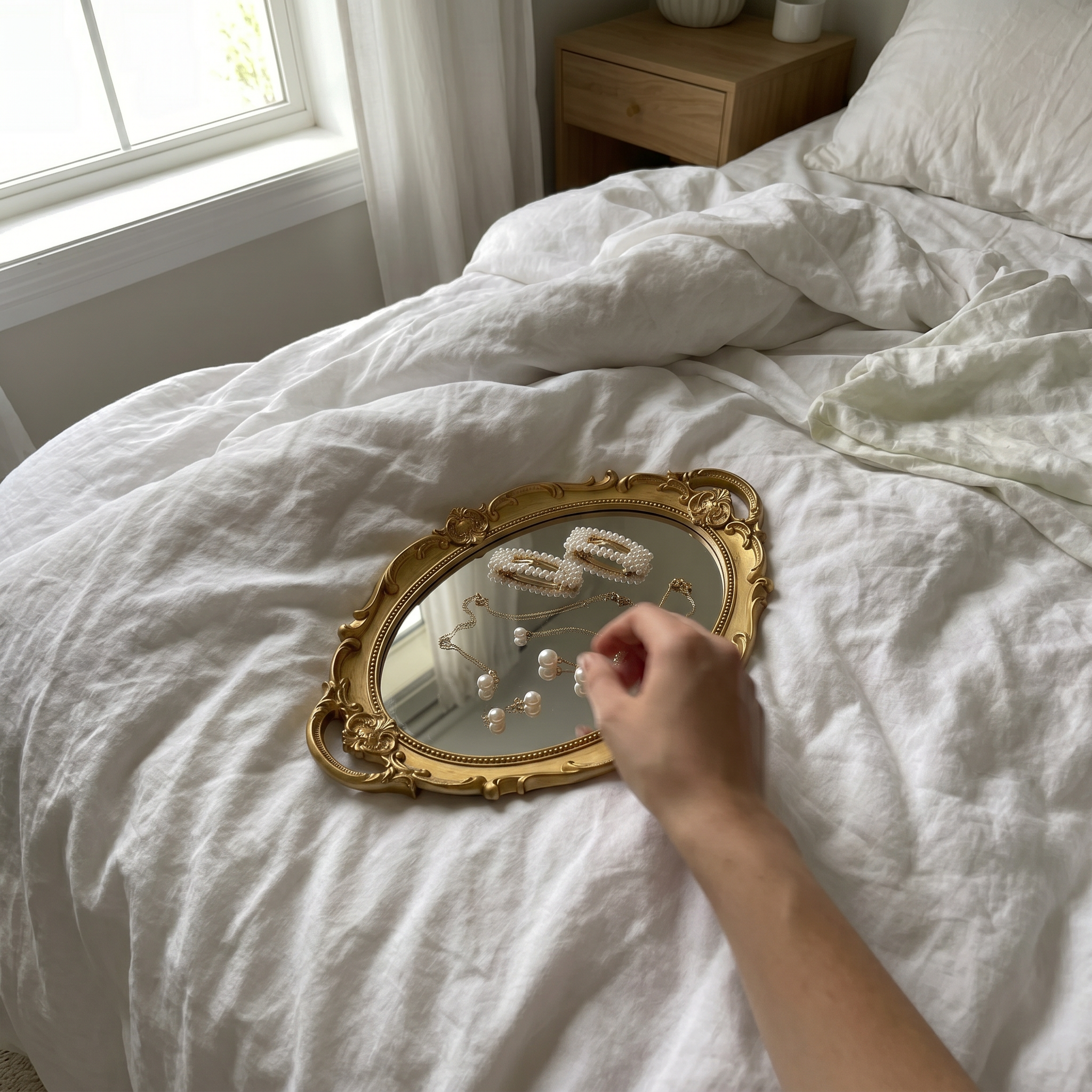 Gold vintage vanity mirror tray on an unmade bed with scattered jewelry, square crop
