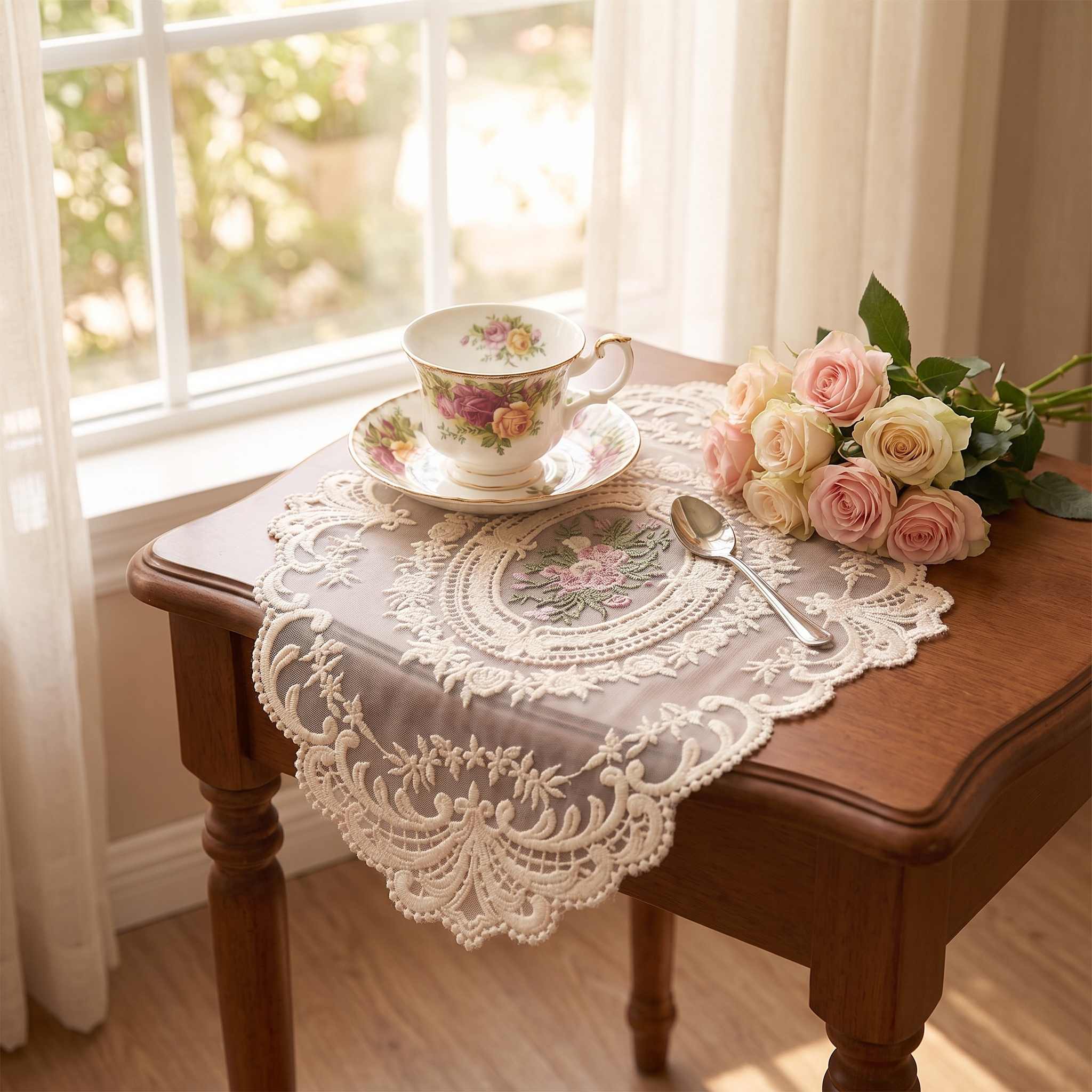 European lace doily with teacup and saucer, fresh pink roses, on a wooden table by a window, square crop