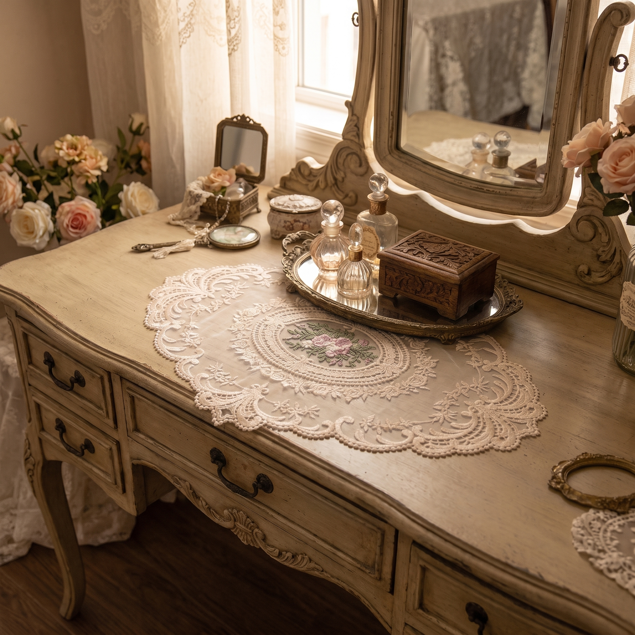 European lace doily on a vintage vanity dresser styled with perfume bottles and a trinket box, square crop