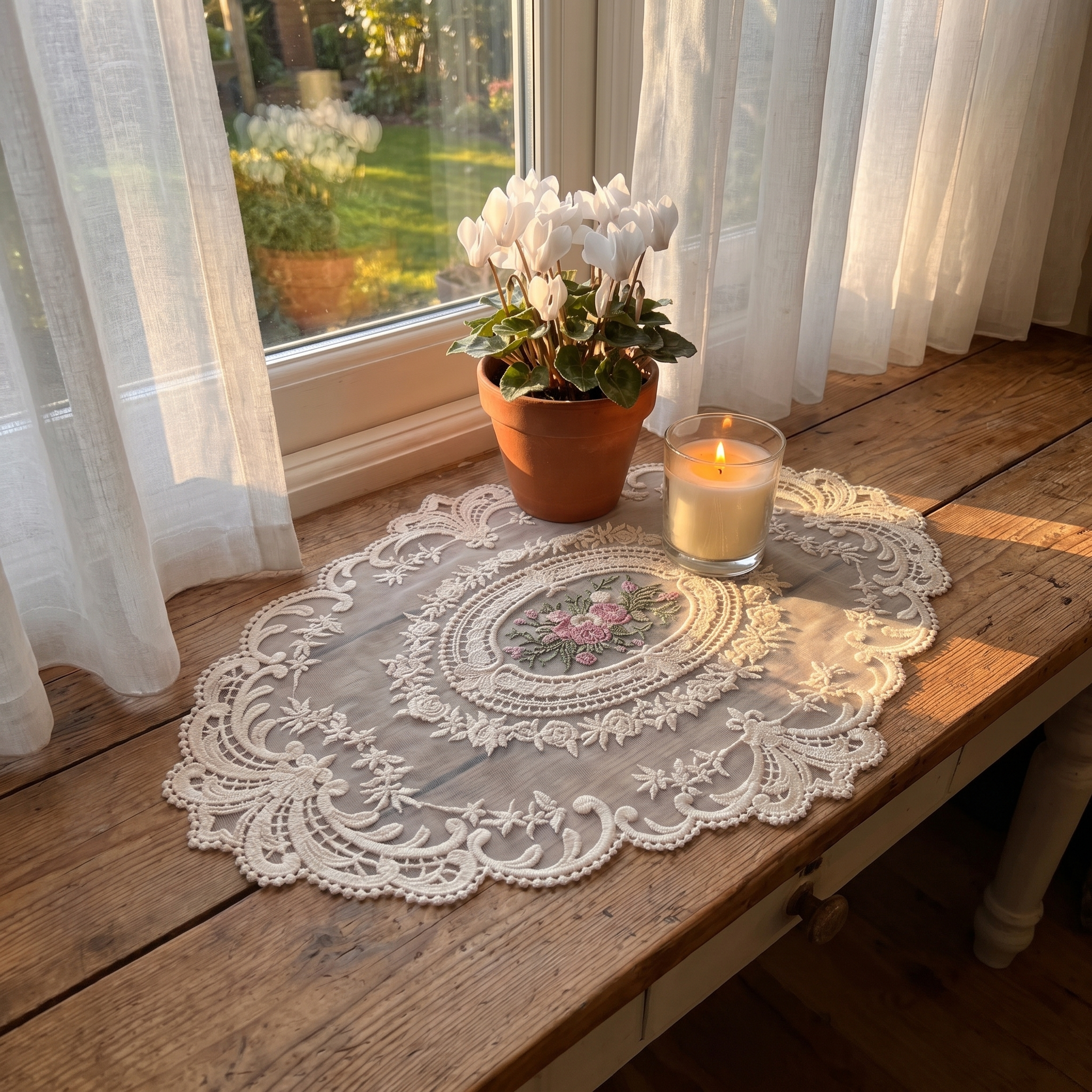 European lace doily on a sunlit windowsill with a potted flower and lit candle, square crop