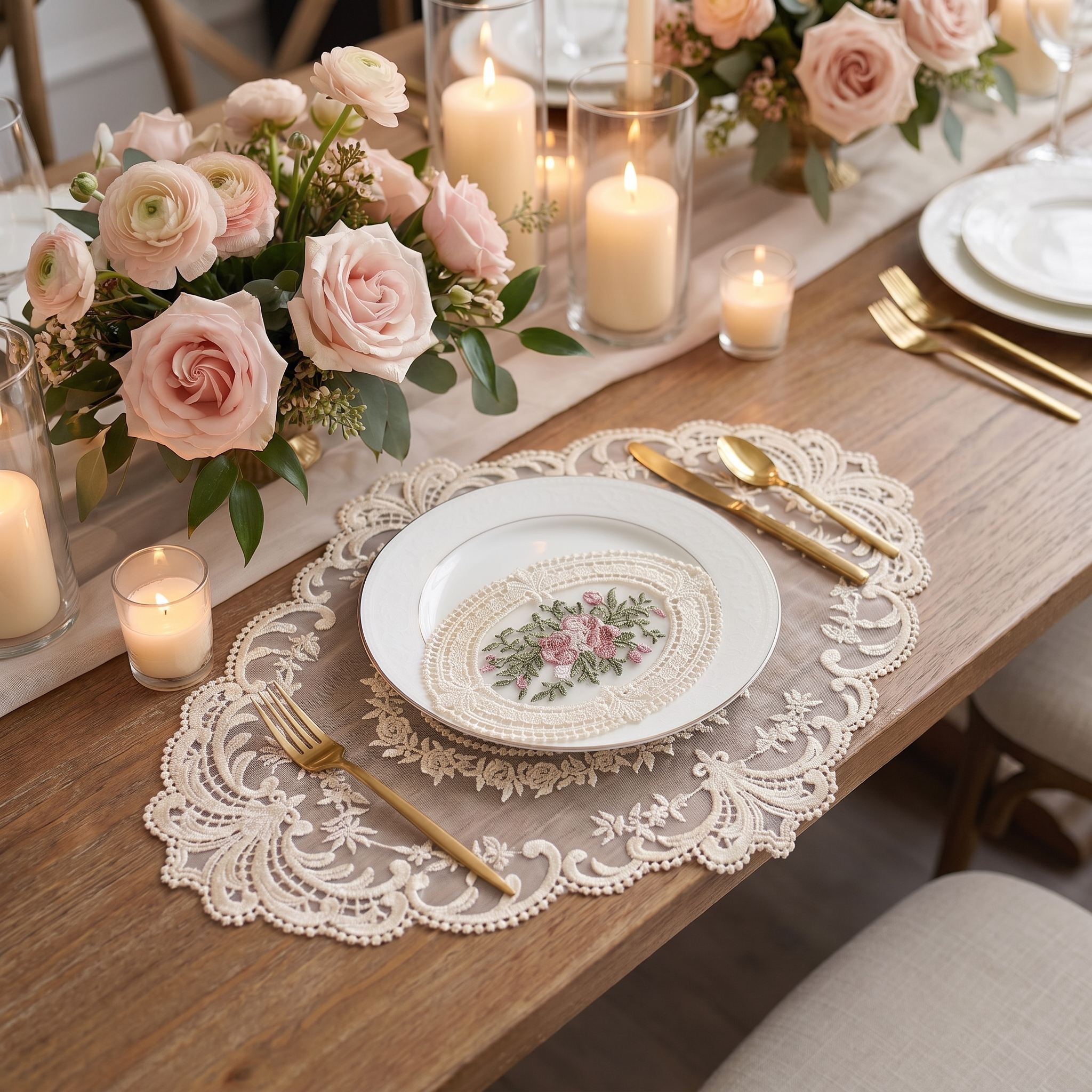 European lace doily used as a charger under a place setting at a bridal shower table, square crop