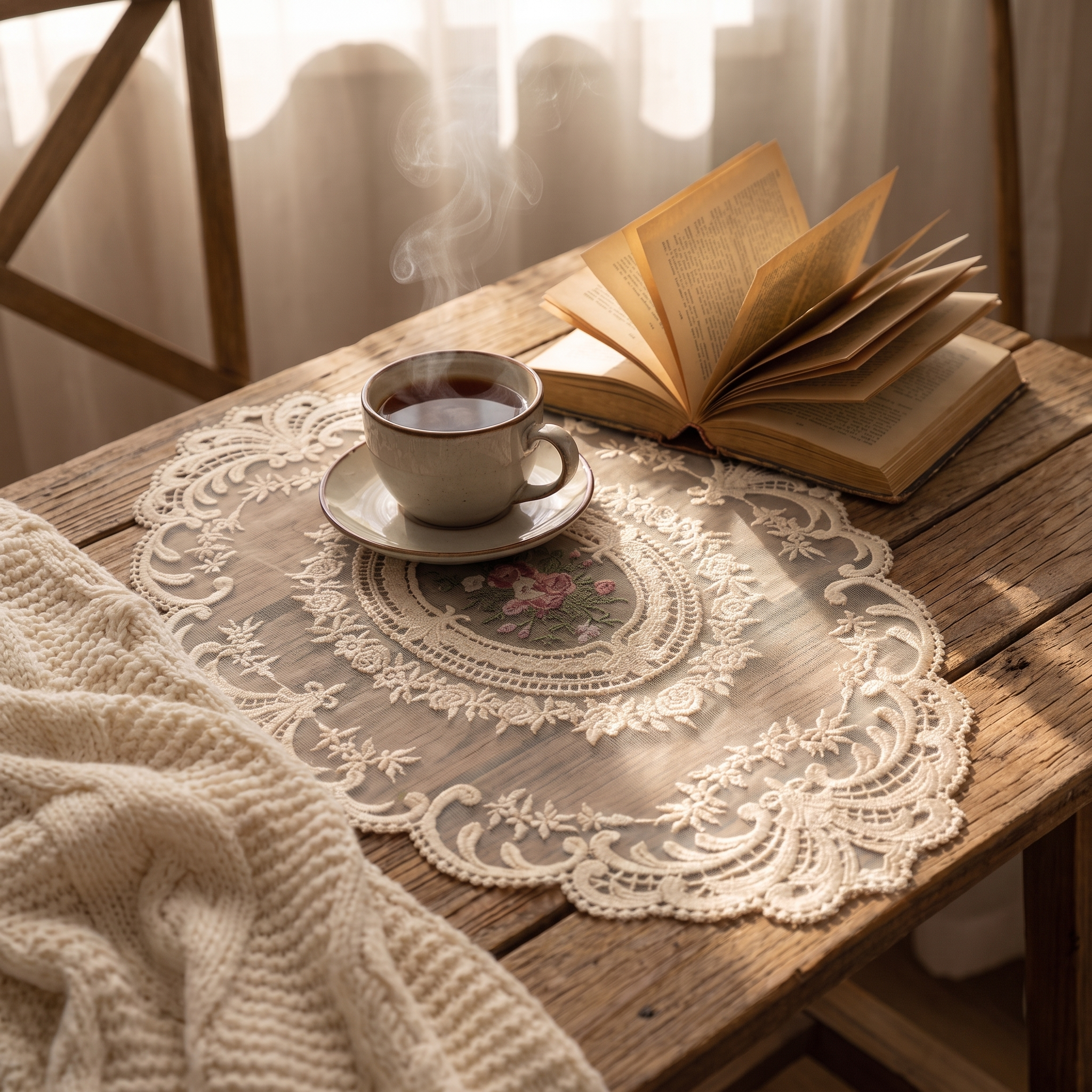 European lace doily on a cozy reading nook table with steaming tea and an open book, square crop