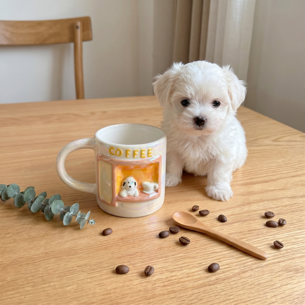 White puppy sniffing a pearlescent coffee shop dalmatian mug on a wooden table with coffee beans, square crop