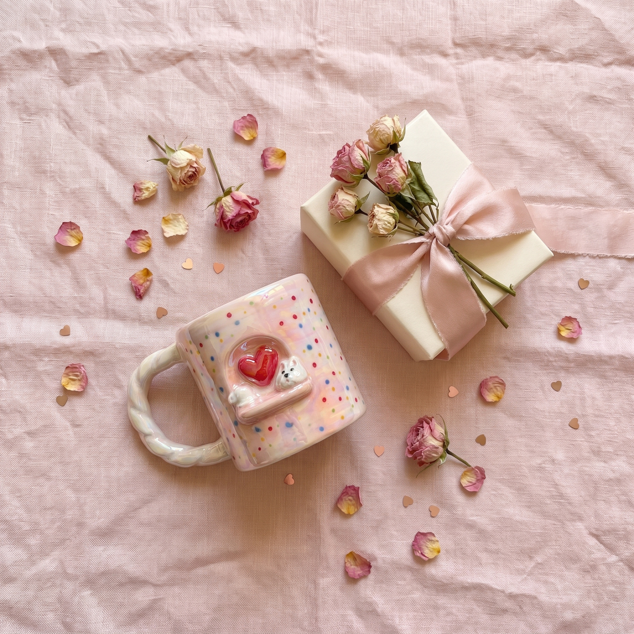 Pink polka dot heart puppy mug flat lay with dried roses and a wrapped gift box, square crop