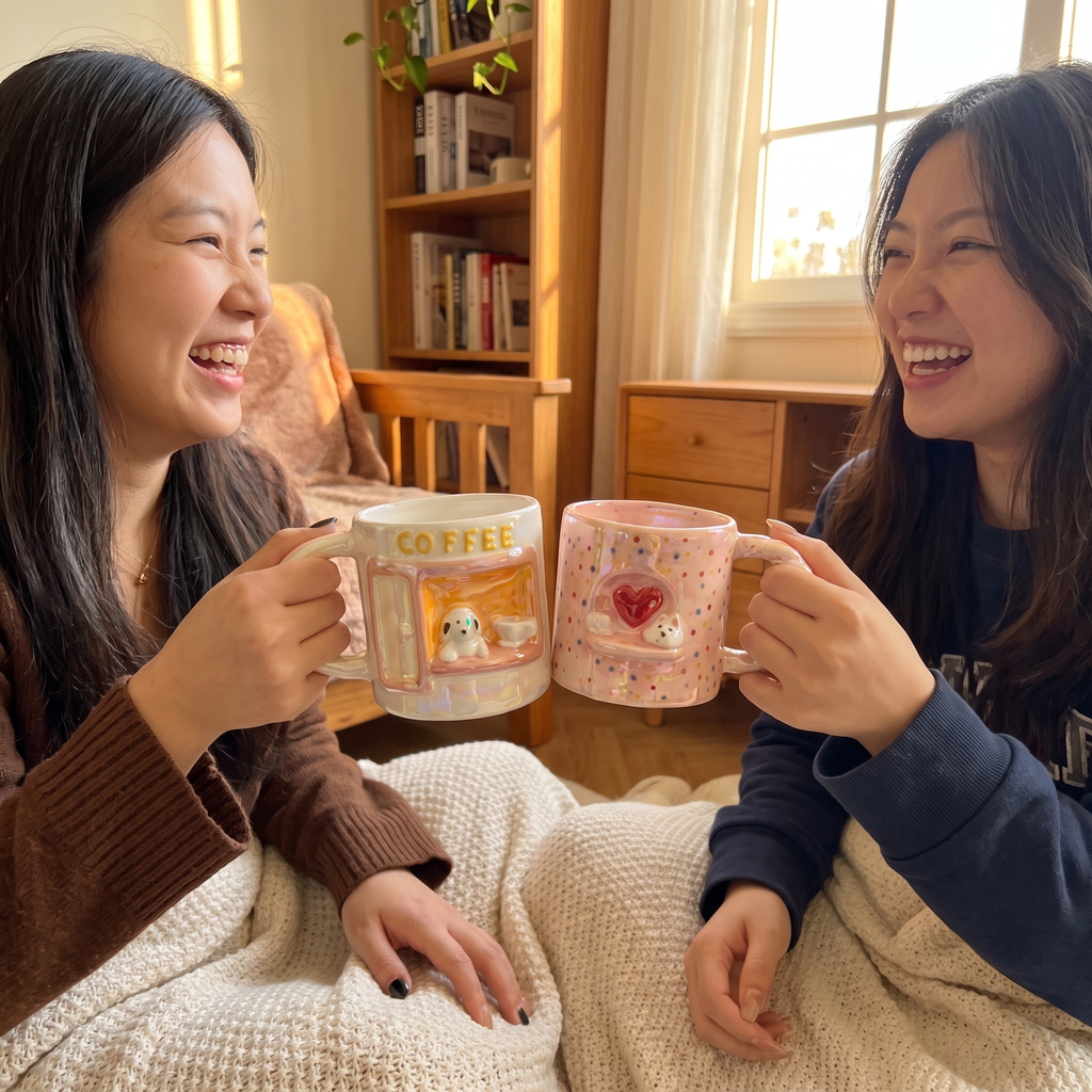 Two friends laughing while holding the coffee shop mug and the heart polka dot mug together, square crop