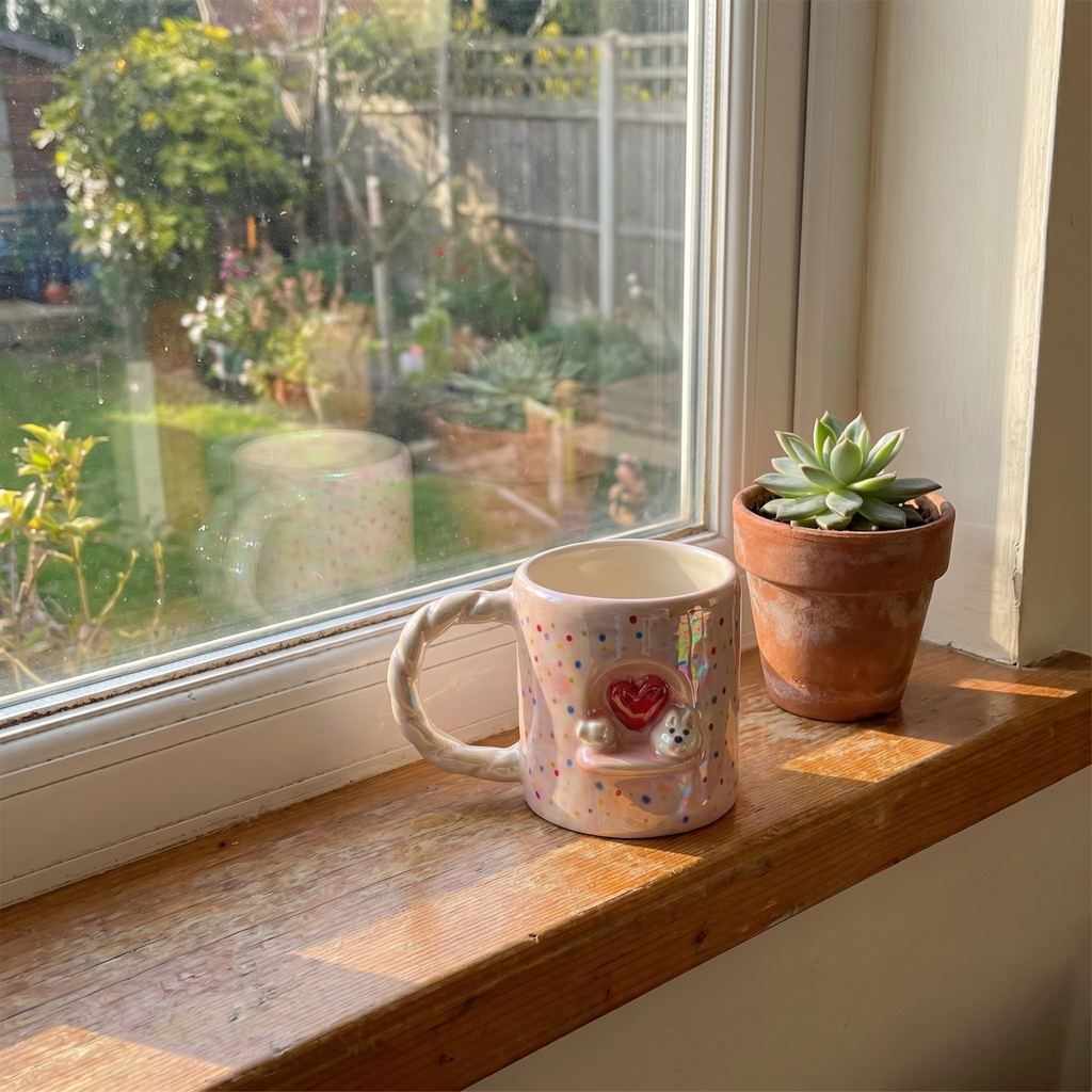 Pink polka dot heart puppy mug on a sunlit windowsill beside a succulent plant, square crop