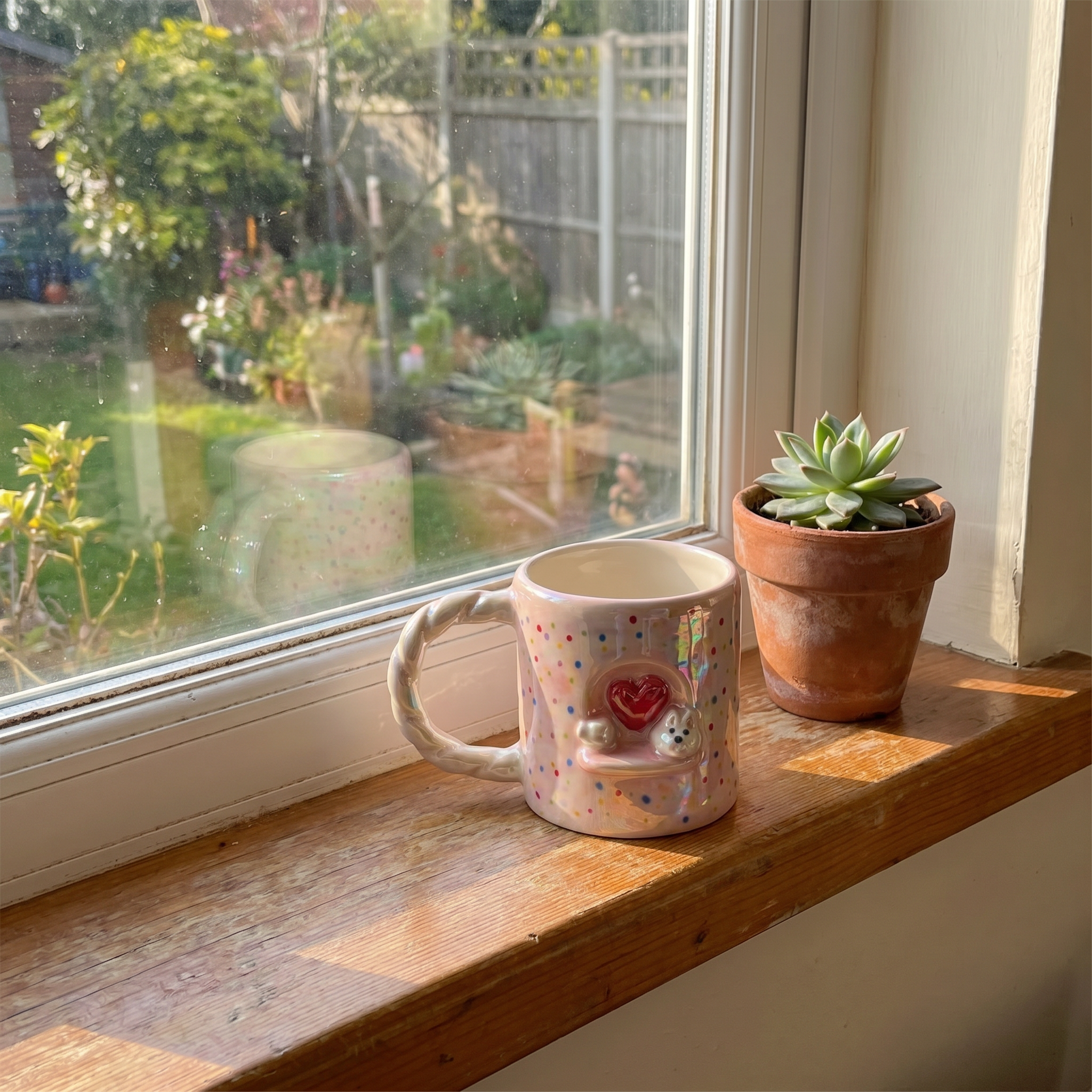 Pink polka dot heart puppy mug on a sunlit windowsill beside a succulent plant, square crop