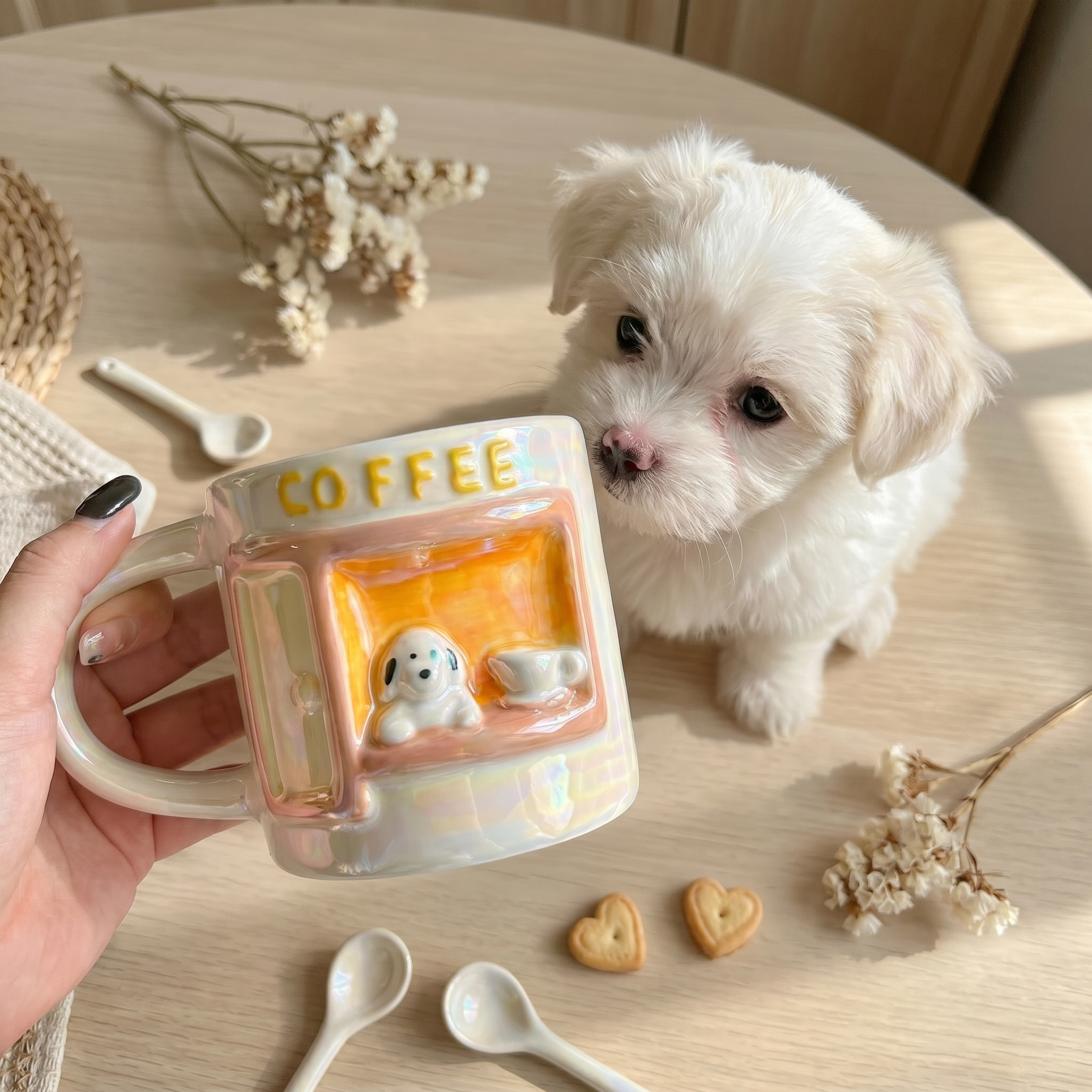 Puppy nuzzling the coffee shop dalmatian mug held up, heart-shaped cookies on the table, square crop