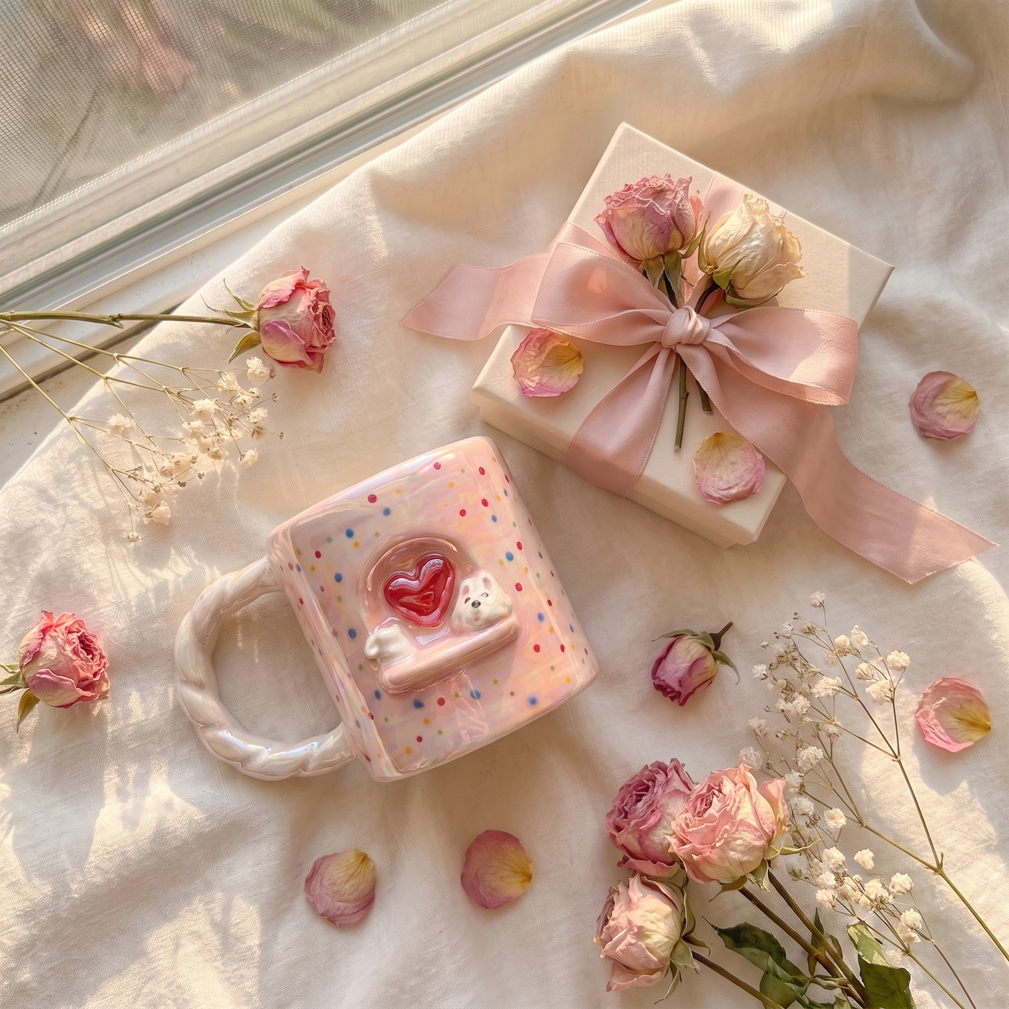 Pink polka dot heart puppy mug beside a ribboned gift box with dried roses and baby's breath, square crop