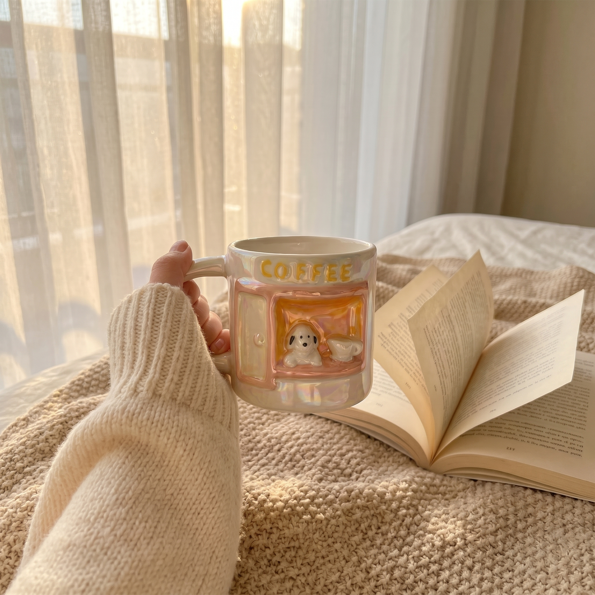 Hand holding the coffee shop dalmatian mug in a cozy sunlit bed with an open book, square crop