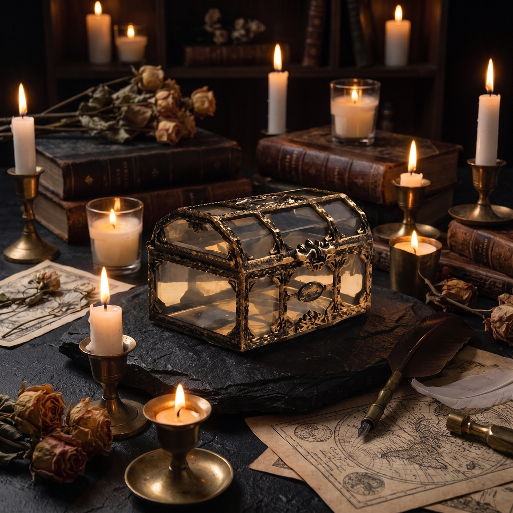 Antique gold glass treasure chest trinket box styled with candlelight, dried roses and an old map, dark academia aesthetic, square crop