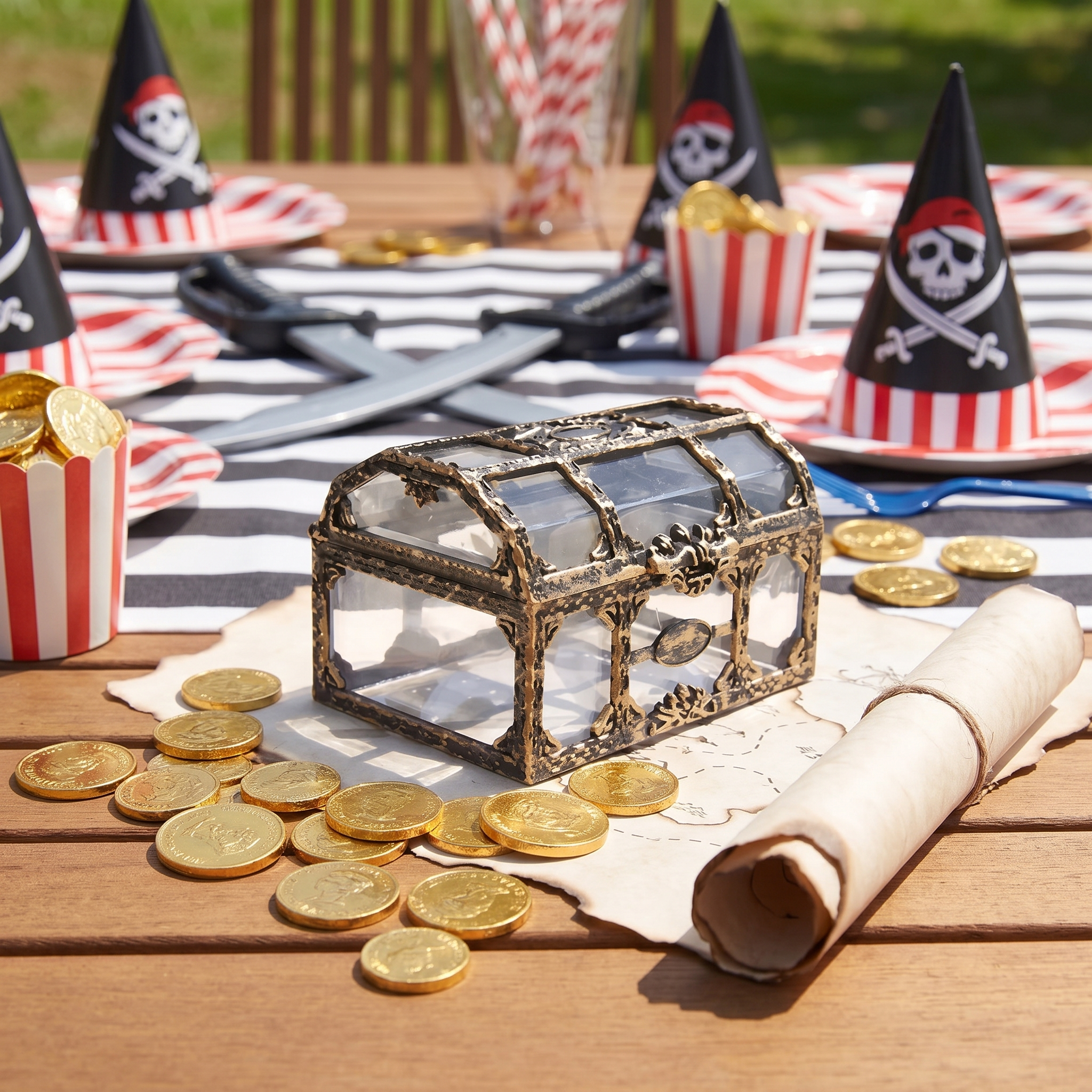 Antique gold glass treasure chest trinket box at a pirate-themed birthday party with gold coins and a treasure map, square crop