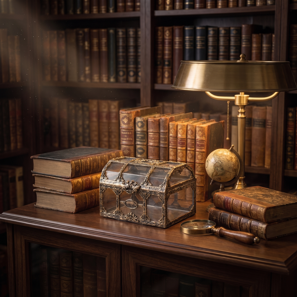 Antique gold glass treasure chest trinket box on a library shelf with old books, a globe and a magnifying glass, square crop