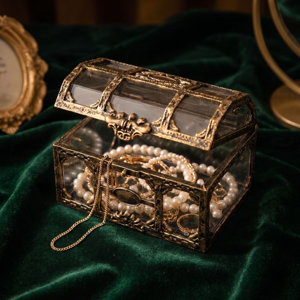 Antique gold glass treasure chest trinket box open with pearls and a ring spilling out on emerald velvet, square crop