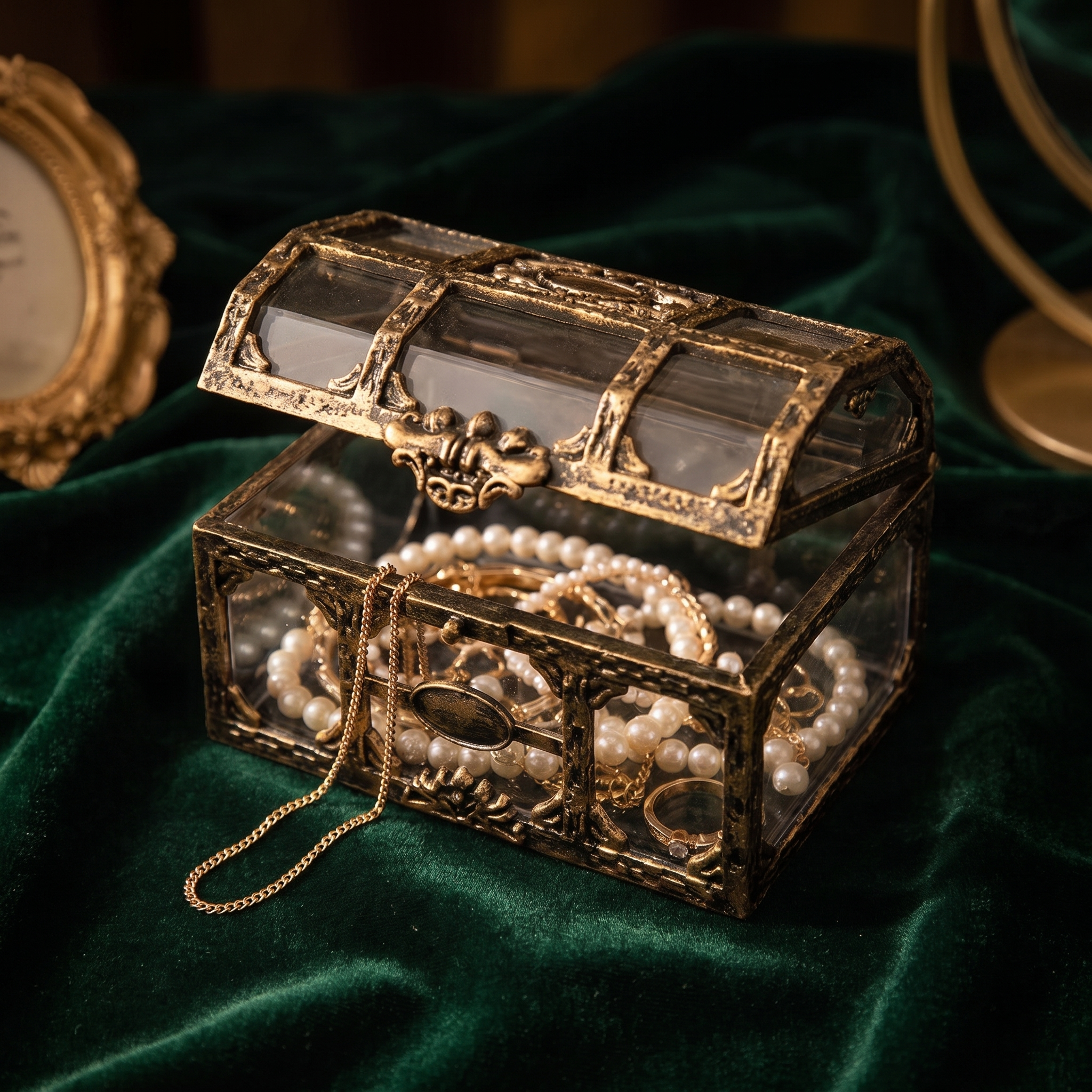 Antique gold glass treasure chest trinket box open with pearls and a ring spilling out on emerald velvet, square crop