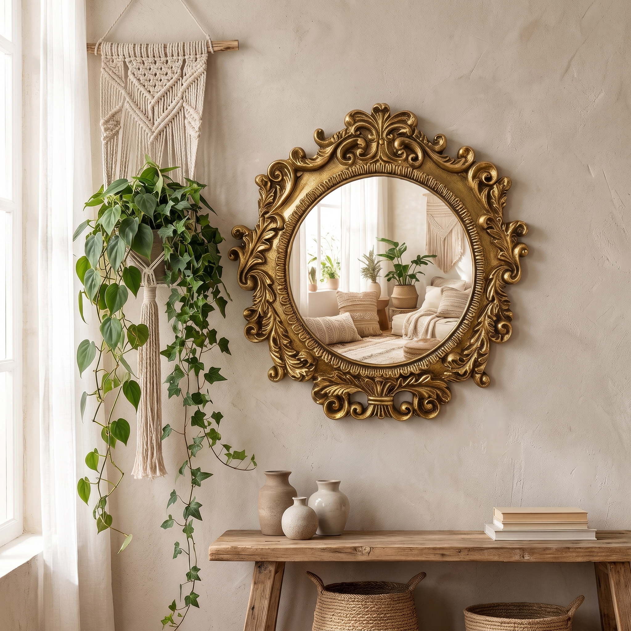 Gold baroque wall mirror in a boho living room with macrame hanging and trailing plant, square crop
