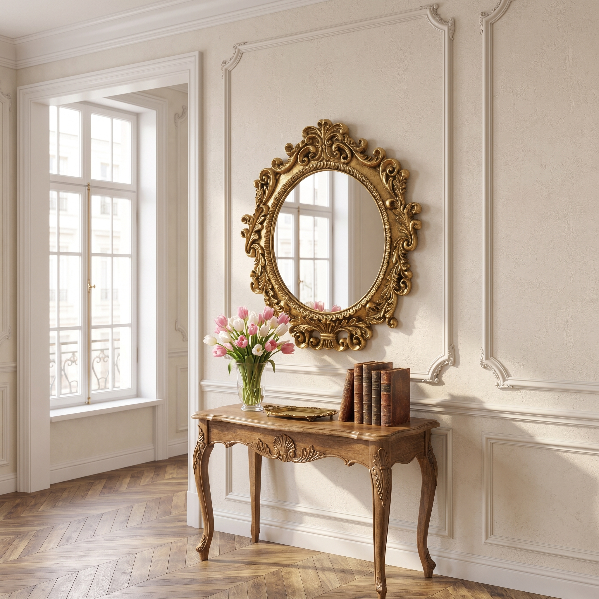 Gold baroque wall mirror above a console table with tulips and a gold tray, Parisian entryway, square crop