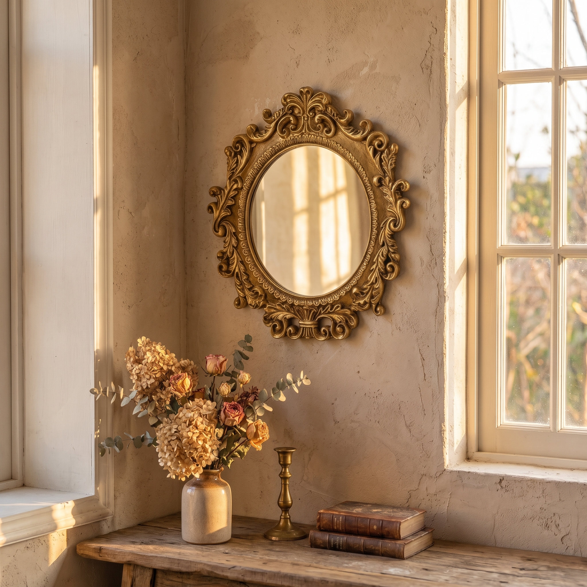 Gold baroque wall mirror in a sunlit corner nook with dried flowers, candlestick and books, square crop