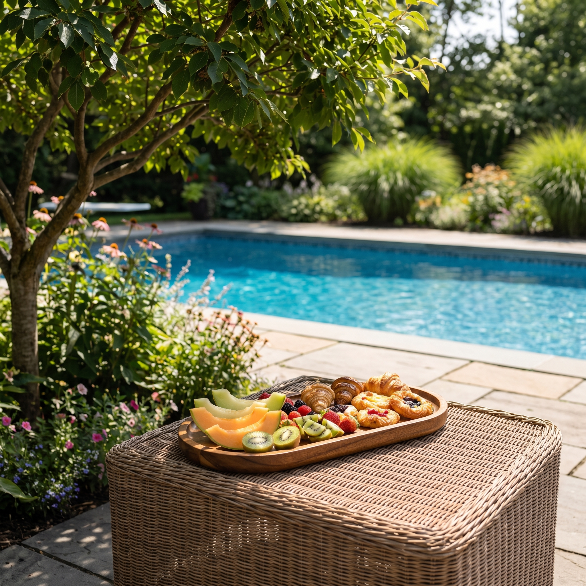 Japanese wooden serving tray with fresh fruit and pastries by a poolside garden brunch