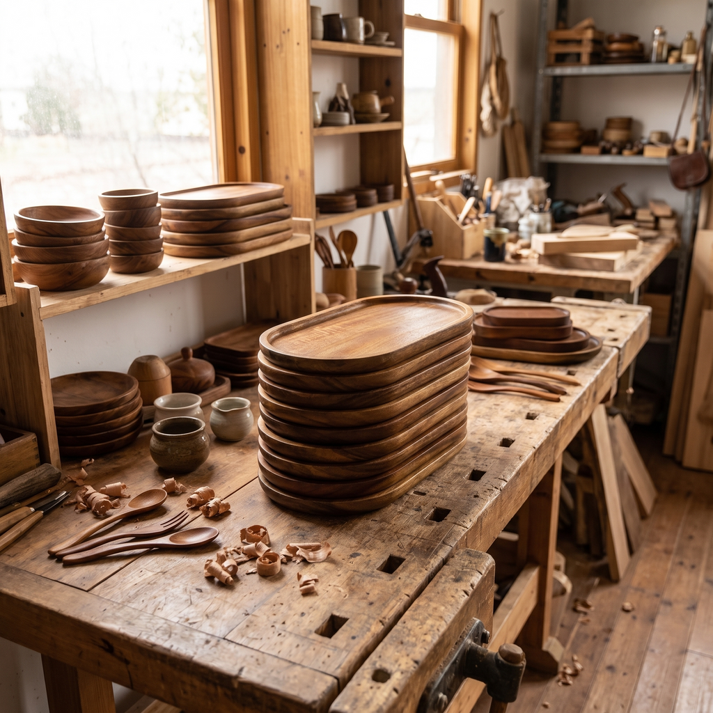 A stack of matching Japanese wooden serving trays displayed in an artisan woodworking shop