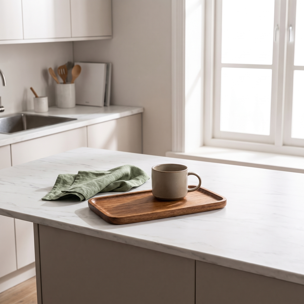Japanese wooden serving tray with a ceramic mug and linen napkin on a minimalist marble kitchen counter
