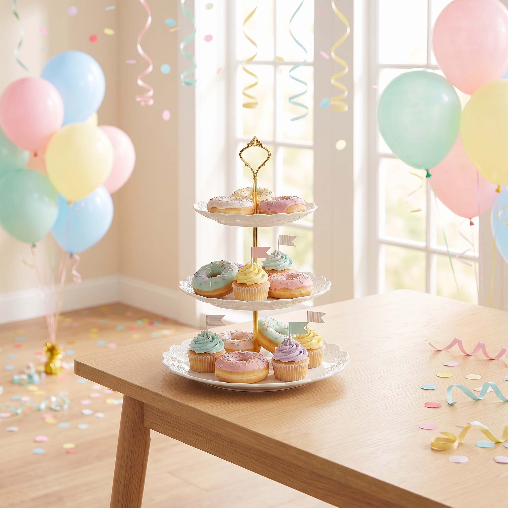 3-tier lace-edge cake stand with colorful donuts and cupcakes at a kids birthday party with balloons