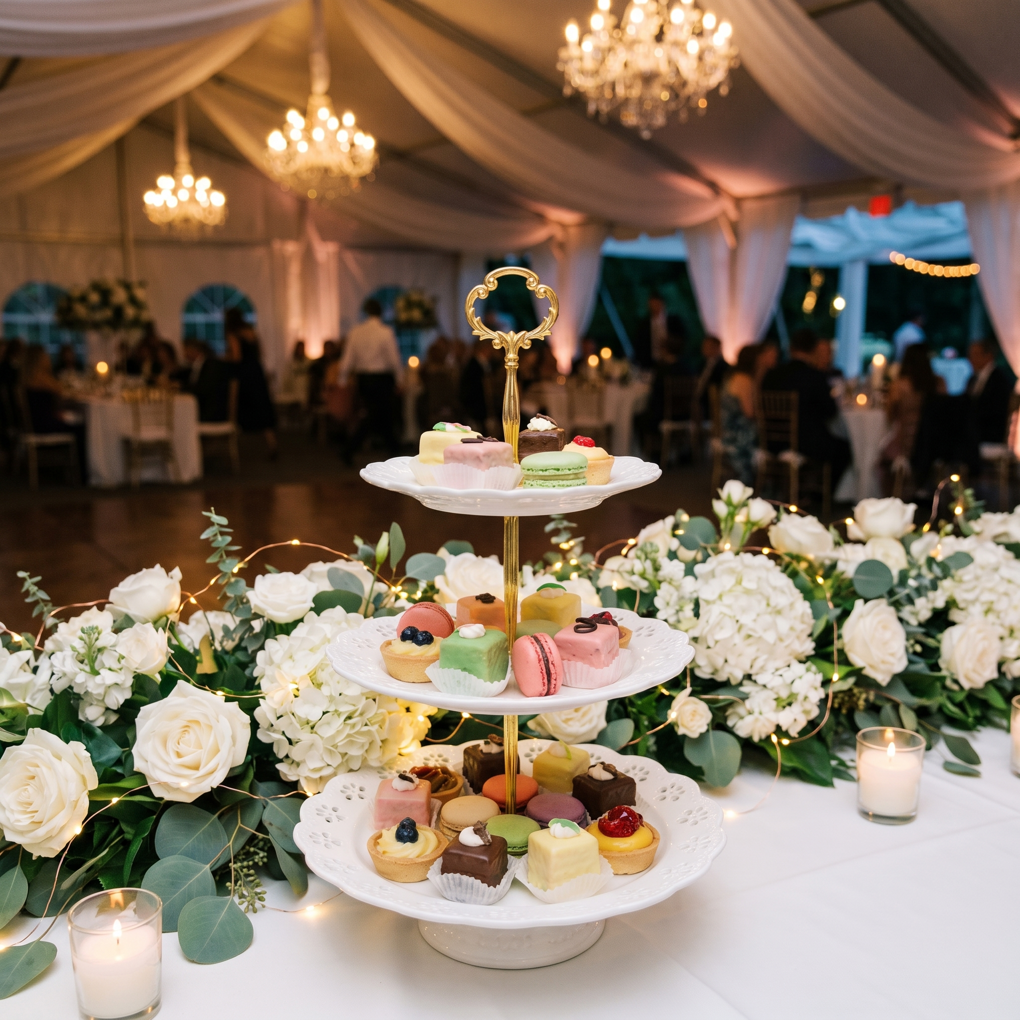 3-tier lace-edge cake stand with mini cakes and pastries at an elegant wedding reception with fairy lights