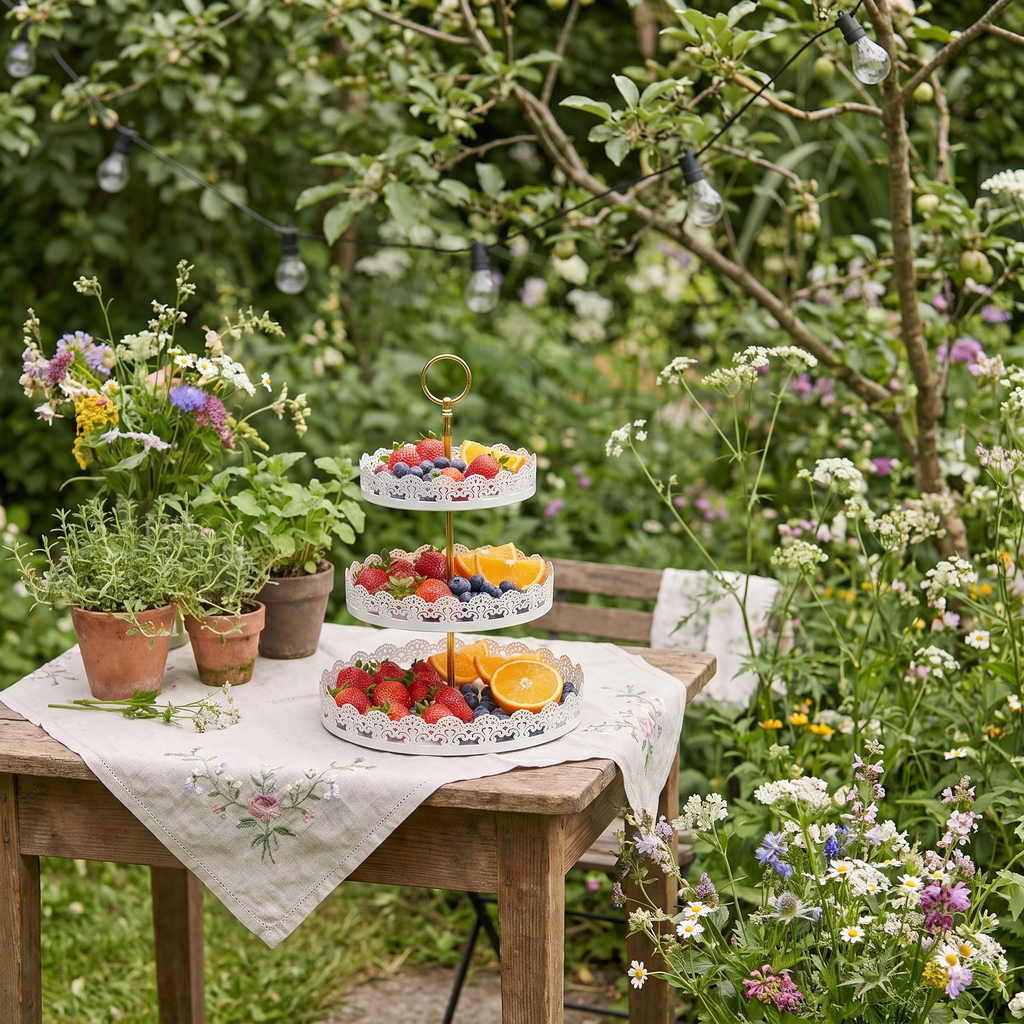 3-tier lace-edge cake stand with fresh berries and citrus at an outdoor garden party
