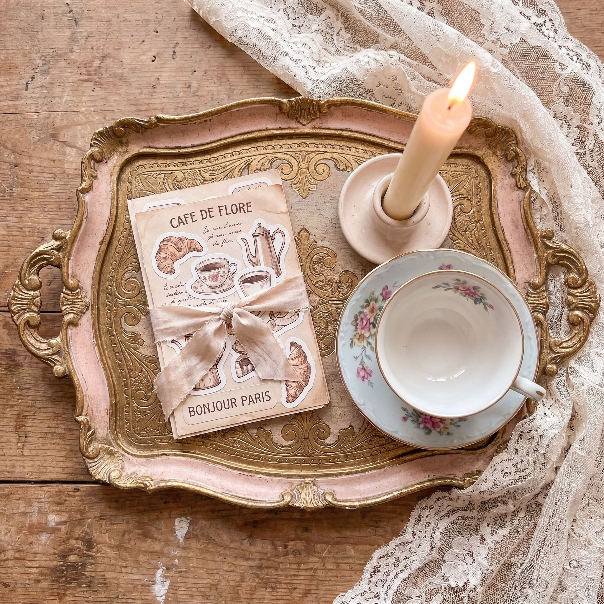 Gold ornate vanity tray with vintage cafe-themed stickers, teacup and candle, baroque cottagecore flat lay