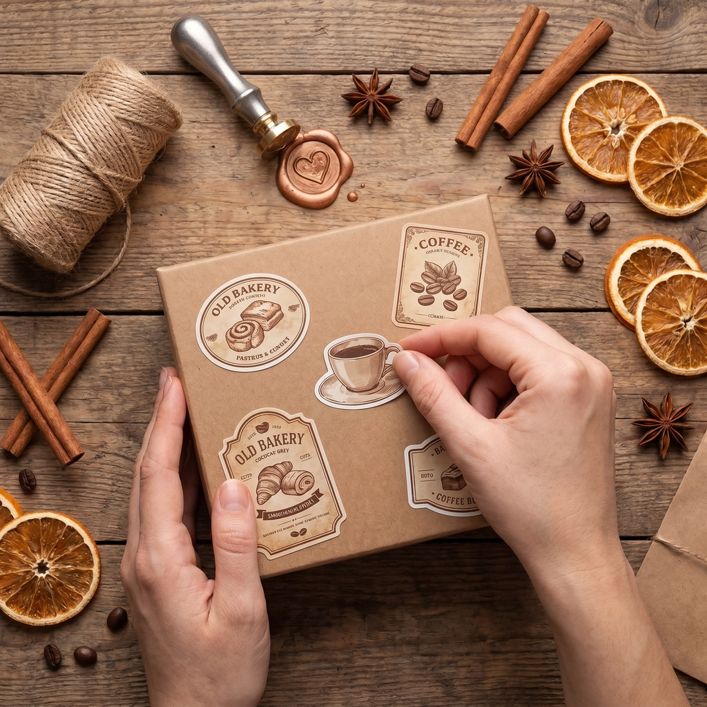 Hands decorating a kraft paper gift box with vintage coffee and bakery stickers, cinnamon and dried orange props