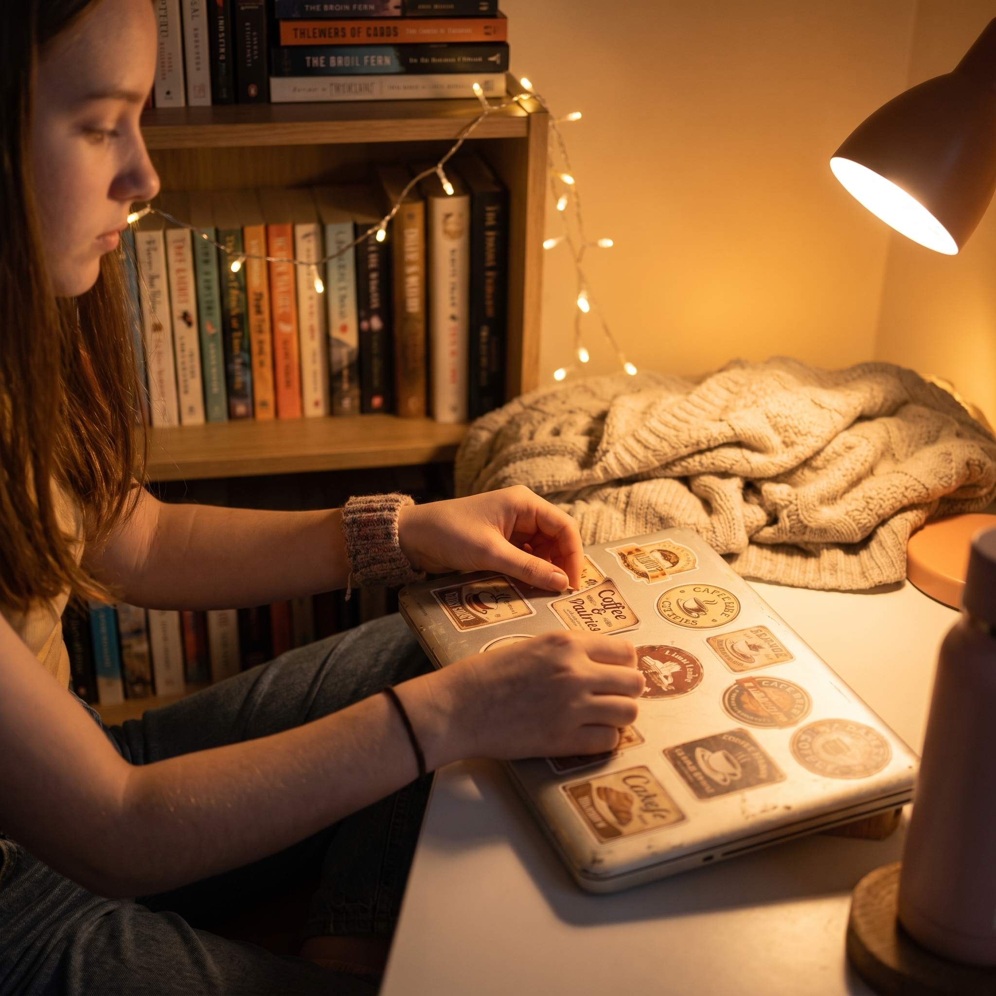 Hands decorating the back of a laptop with retro cafe stickers in a cozy fairy-lit bedroom