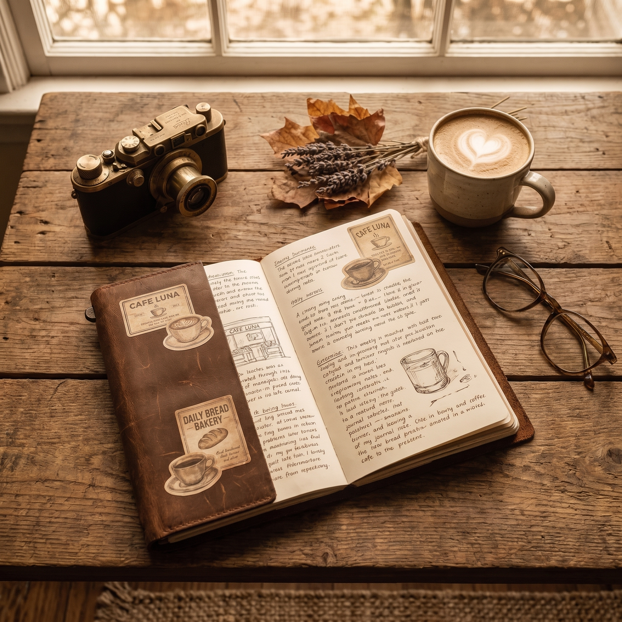 Open leather travel journal decorated with vintage coffee shop stickers, camera and dried flowers nearby
