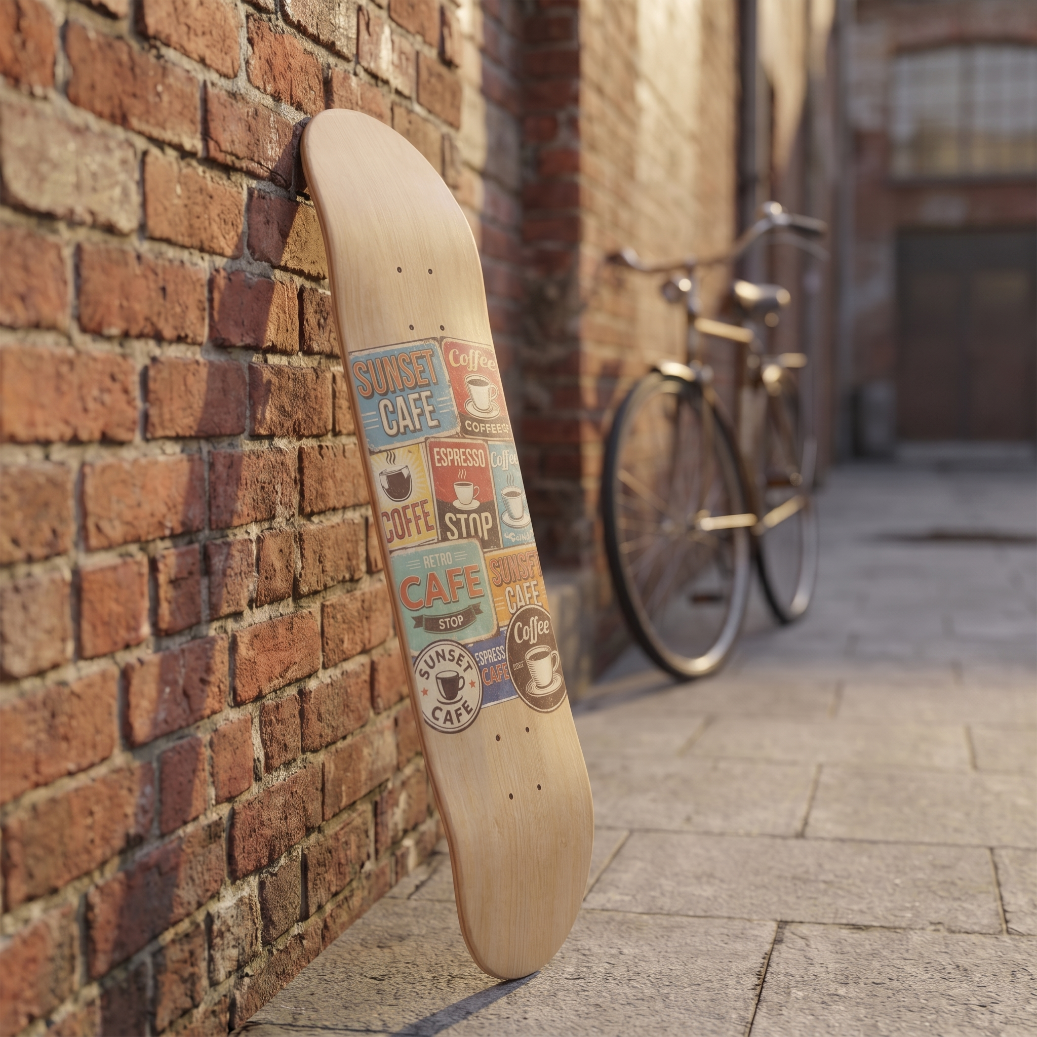 Skateboard deck covered in colorful retro cafe graffiti stickers, leaning against a brick wall