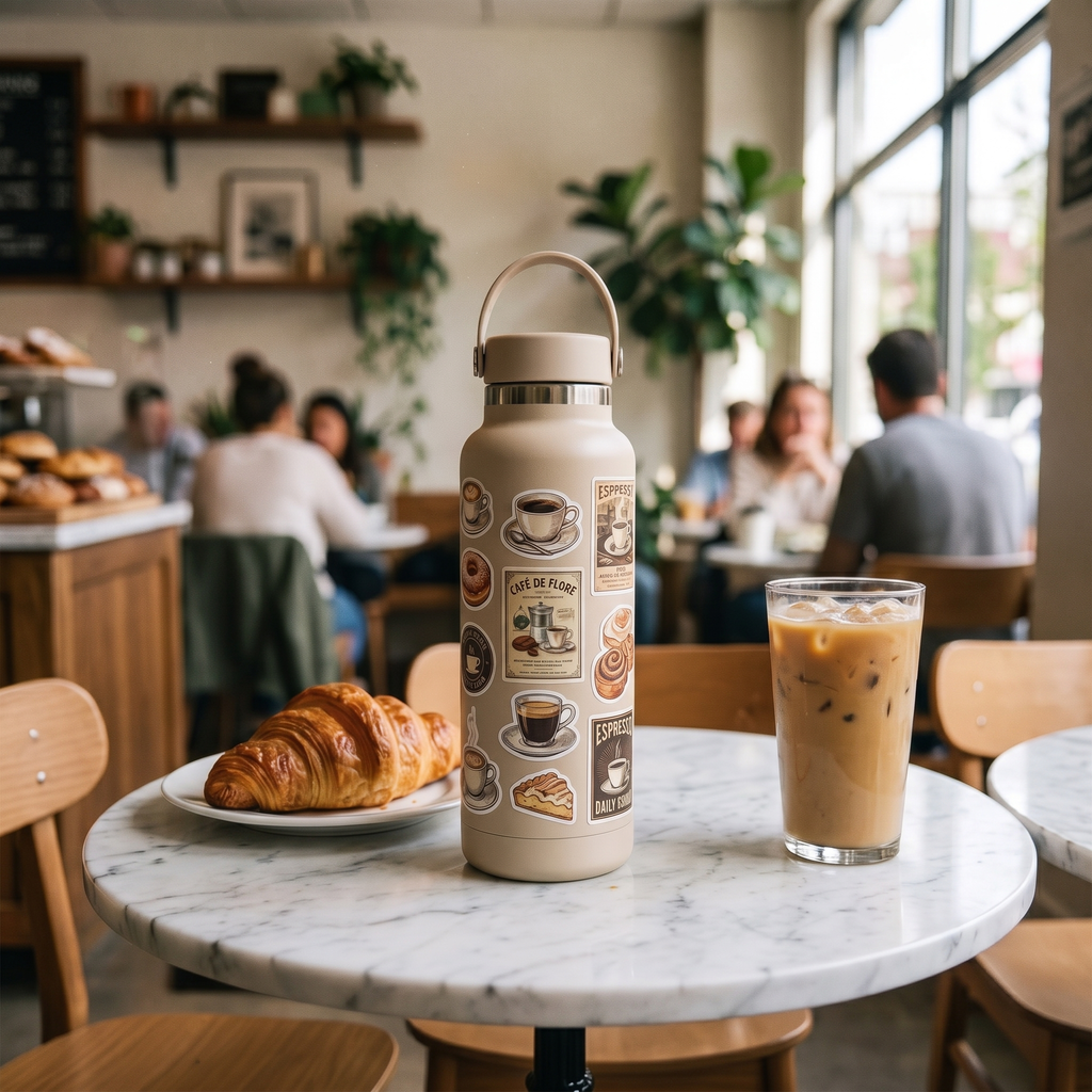 Beige stainless steel water bottle covered in vintage cafe stickers on a marble cafe table